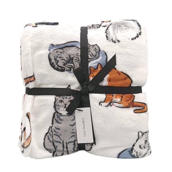 Vera Bradley A Cat’s Life Throw Blanket 50”x80” Cream Plush Essential Fleece New